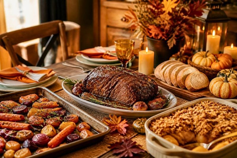 Guests gather around a warmly decorated table for a fall harvest dinner.