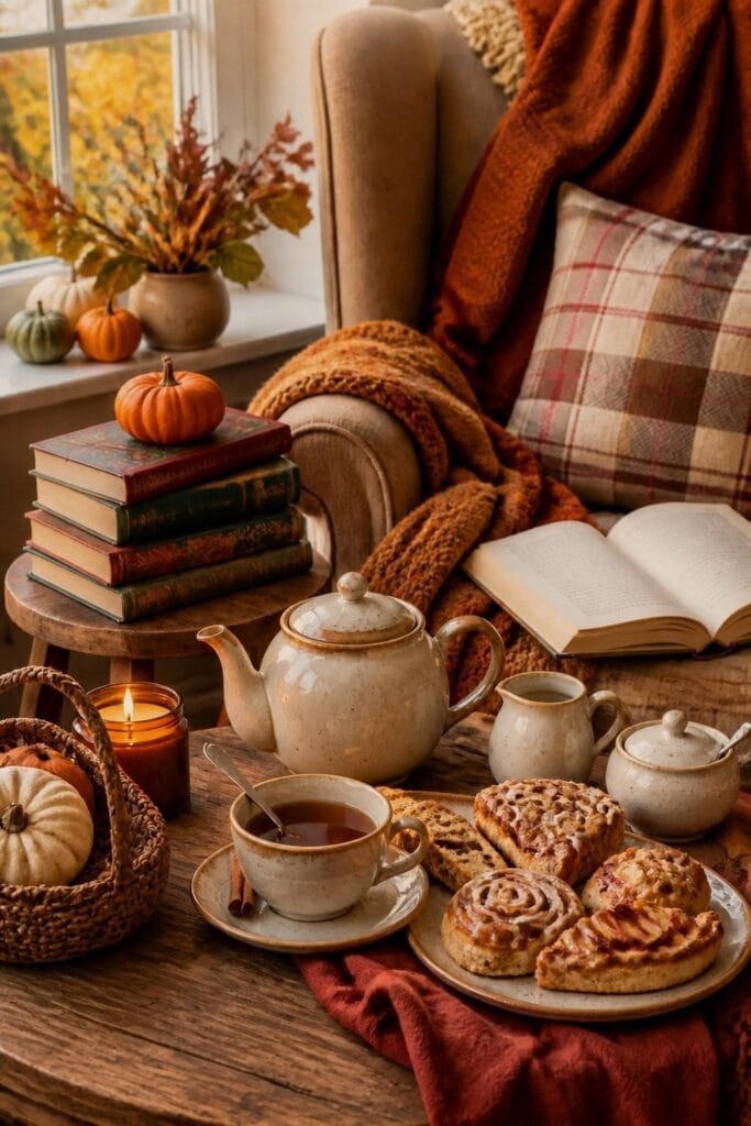 A cozy autumn reading corner with seasonal books, tea service, pastries, blankets, and fall decorations.