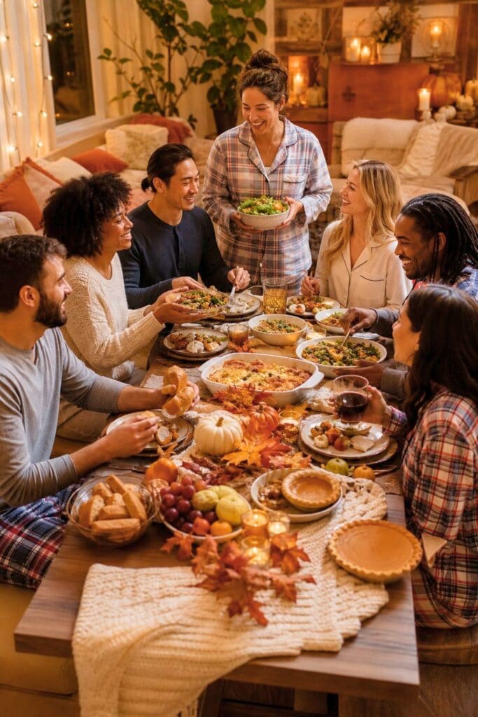 Friends in pajamas share a potluck meal around a warmly decorated table.