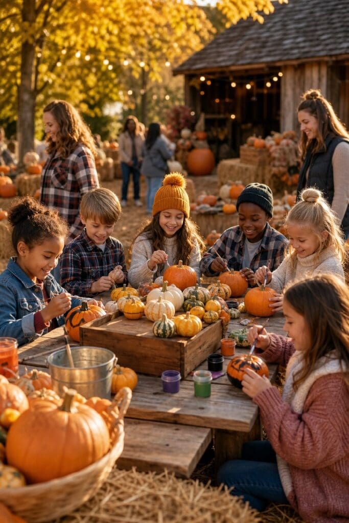 Children gather in a pumpkin patch for a cozy autumn party with pumpkins, hay bales, and seasonal decorations.