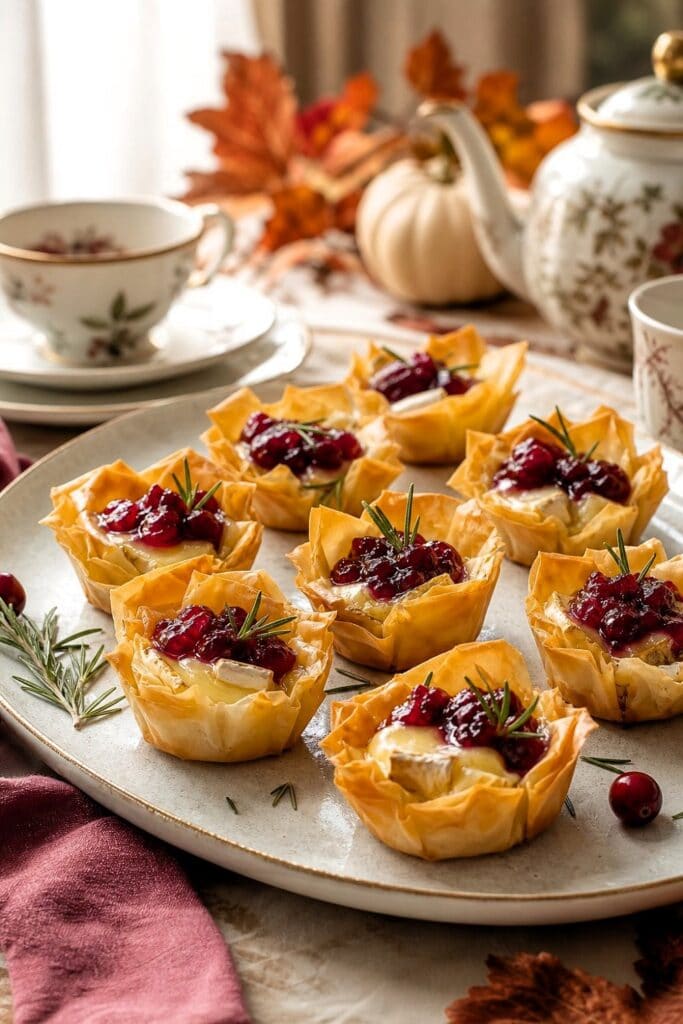 Golden cranberry and Brie phyllo bites arranged on a fall tea party table.