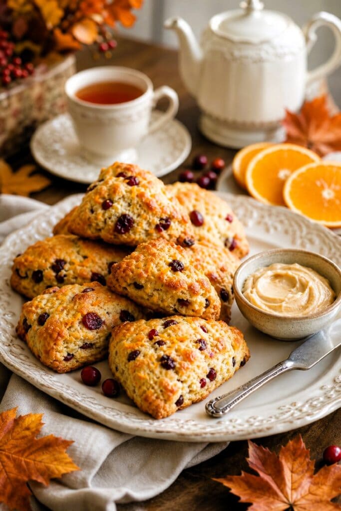 Golden cranberry orange scones with maple butter on a platter beside tea and autumn accents.