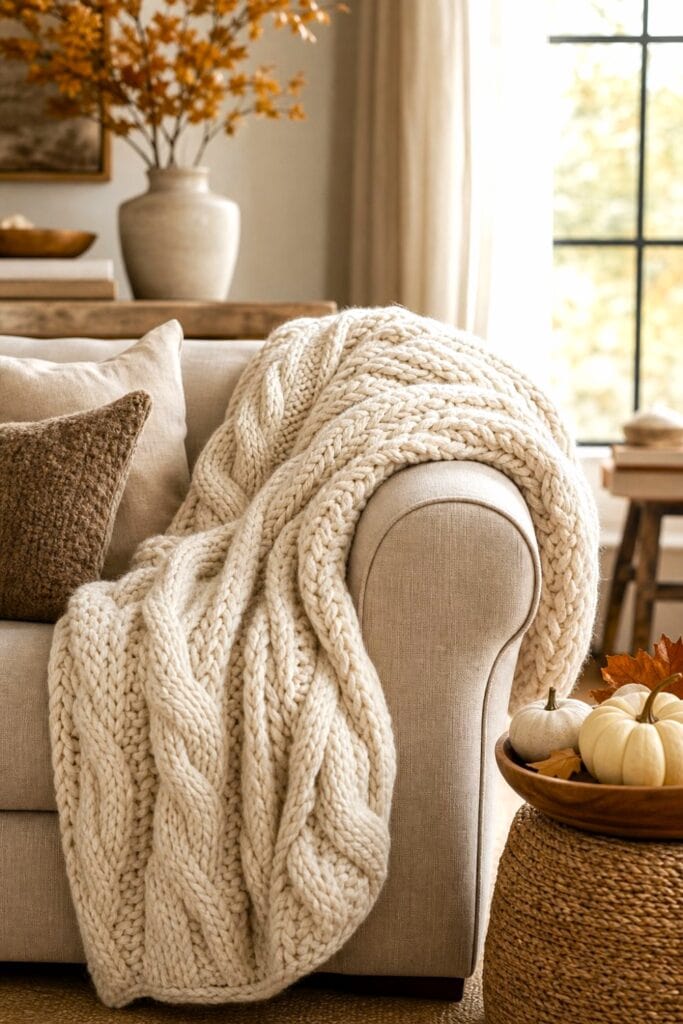 A cream chunky knit blanket draped over the arm of a beige sofa in a neutral living room.