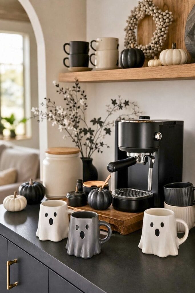 A monochrome Halloween coffee bar with ghost-shaped mugs, pumpkins, and a coffee machine.