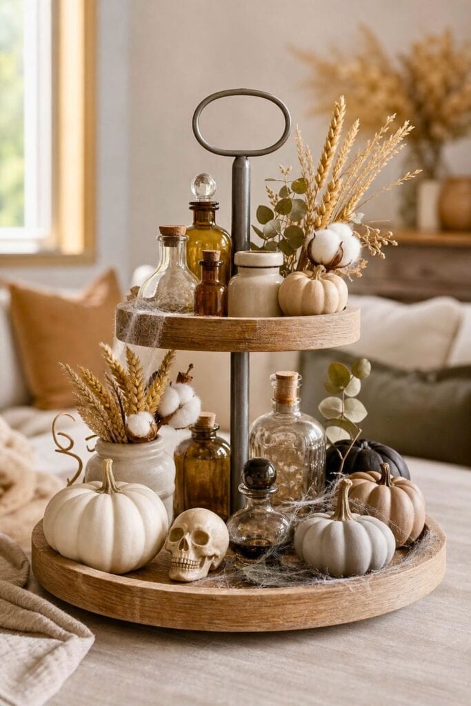 A neutral Halloween tiered tray holds potion bottles, pumpkins, dried flowers, and small seasonal decorations.