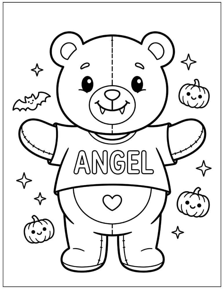 Cute cuddly Halloween teddy bear with tiny vampire fangs wearing an Angel shirt and surrounded by small bats, black and white coloring page
