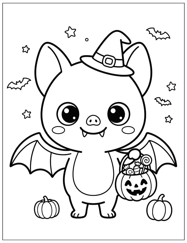 Cute Halloween bat wearing a witch hat and holding a pumpkin-shaped trick-or-treat bucket filled with candy, surrounded by stars and pumpkins, black and white coloring page.