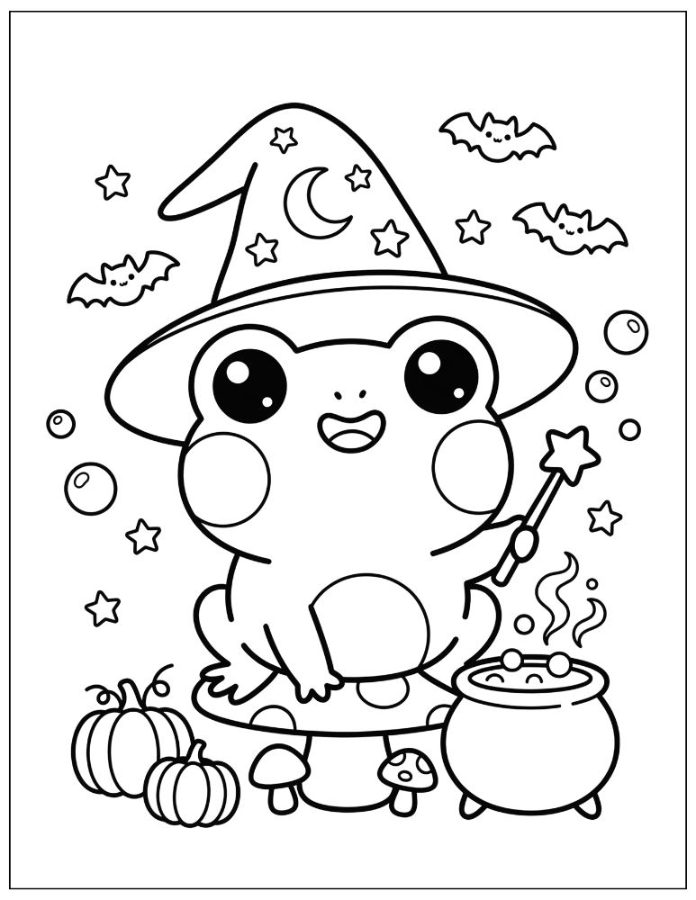 Cute kawaii frog wearing an oversized witch hat and holding a magic wand beside a bubbling cauldron, surrounded by mushrooms, pumpkins, bubbles, stars, and bats, black and white coloring page.