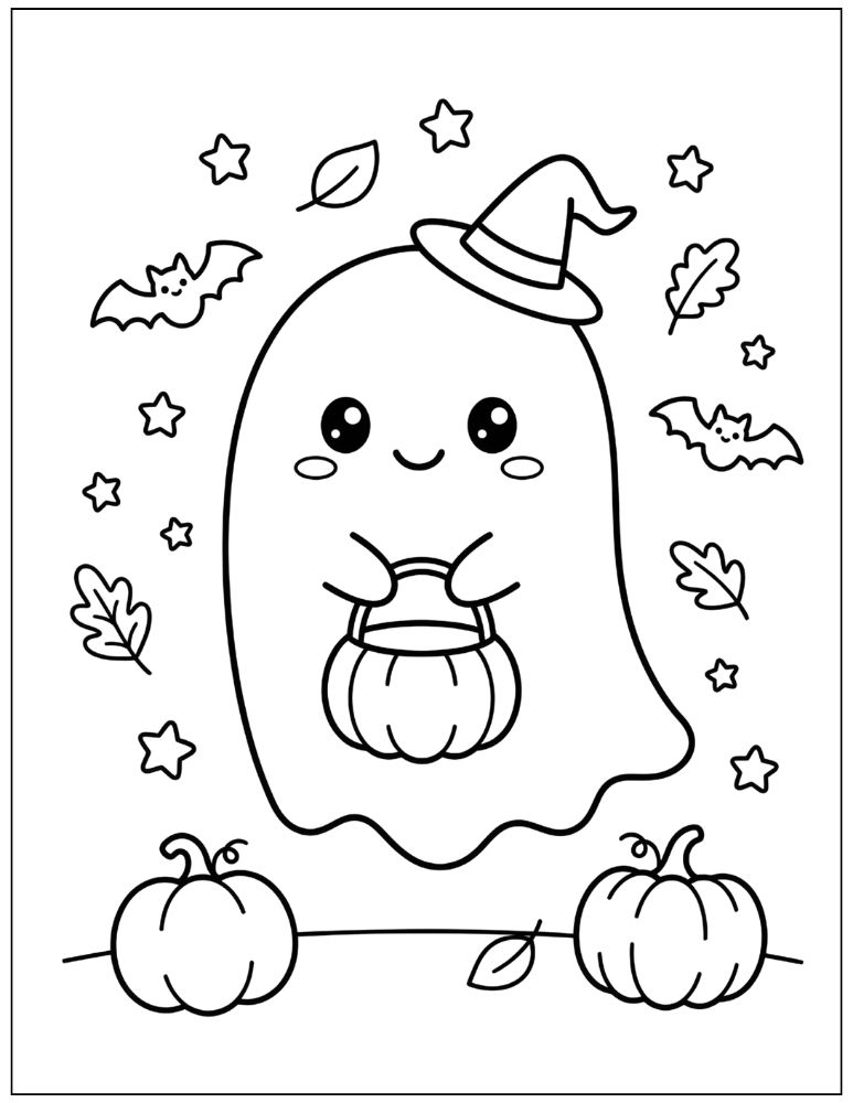 Cute Halloween ghost wearing a witch hat and holding a pumpkin treat bucket with bats, stars, and pumpkins around it, black and white coloring page