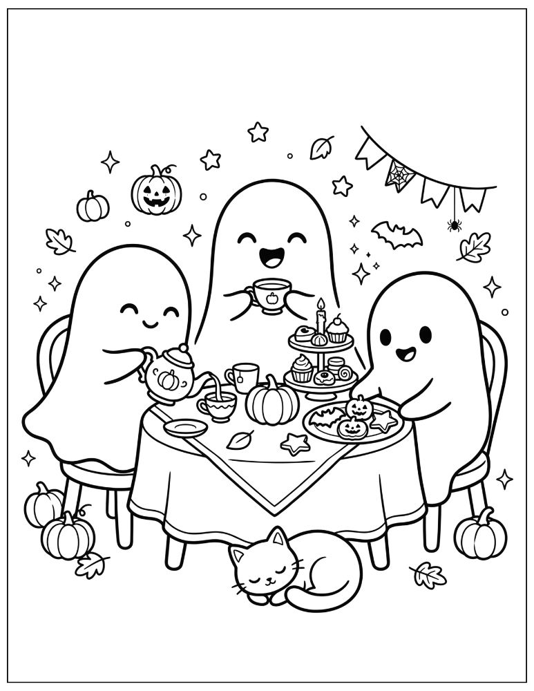 Three cute Halloween ghosts having a tea party with a teapot, teacups, bat-shaped and pumpkin-shaped cookies, a tiered tray of treats, a pumpkin centerpiece, and a cat under the table, black and white coloring page.