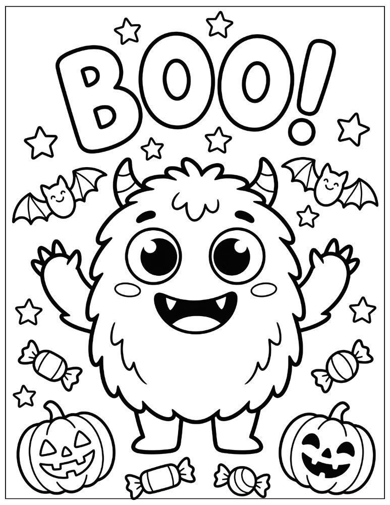 Cute fluffy Halloween monster with tiny horns and fangs waving beside pumpkins, candy, bats, and BOO bubble text, black and white coloring page.