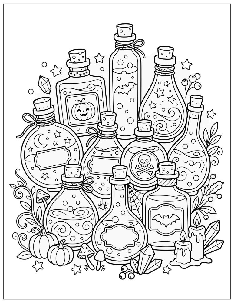 Cute Halloween potion bottles with bubbling potions, mushrooms, candles, crystals, pumpkins, bats, and stars, black and white coloring page.