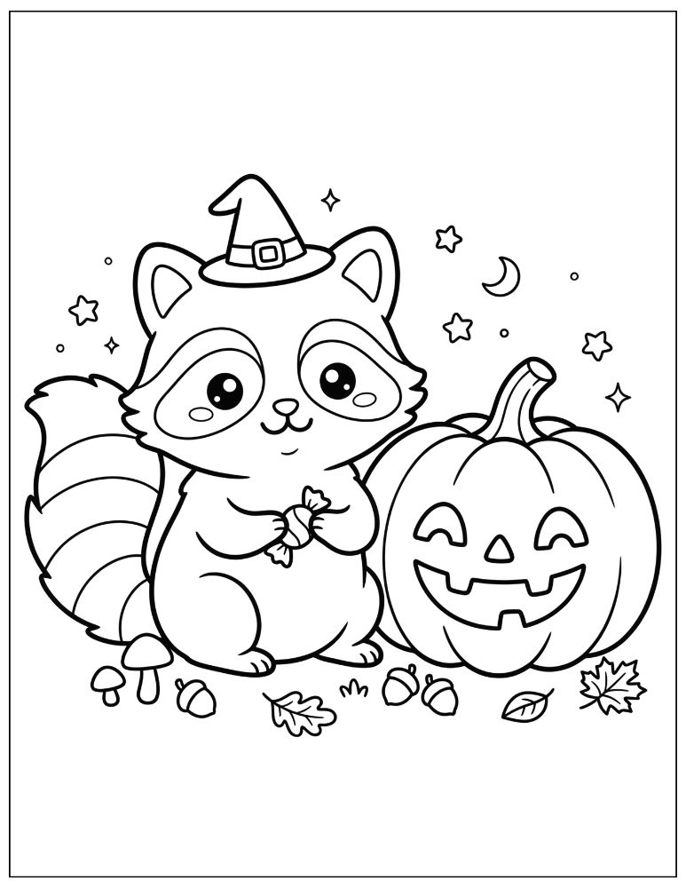 Cute Halloween raccoon wearing a tiny witch hat and holding candy beside a jack-o'-lantern, with mushrooms, autumn leaves, and stars, black and white coloring page.