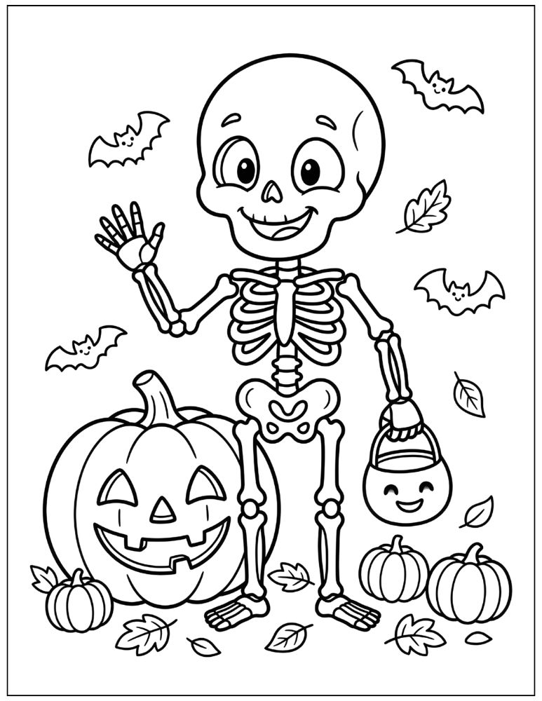 Cute friendly Halloween skeleton waving beside a jack-o'-lantern and holding a candy bucket with bats flying around him, black and white coloring page