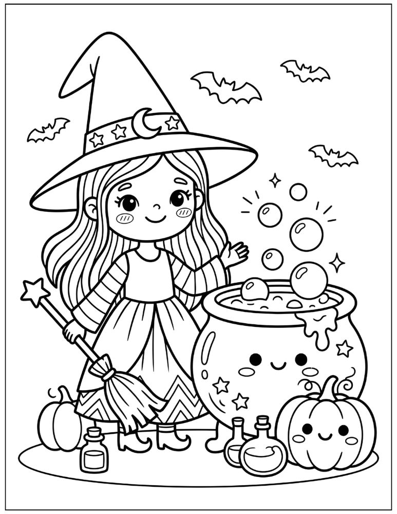 Cute Halloween witch wearing a large pointed hat and holding a broom beside a bubbling cauldron, pumpkins, and bats, black and white coloring page
