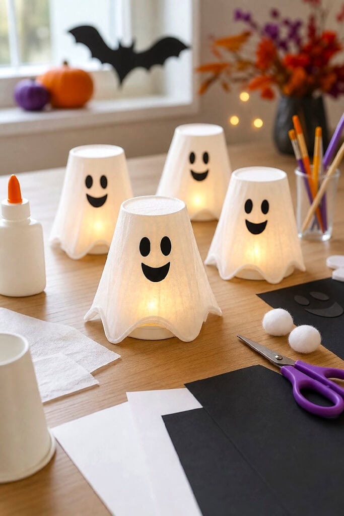 Handmade glowing ghost lanterns surrounded by child-safe craft supplies on a table.