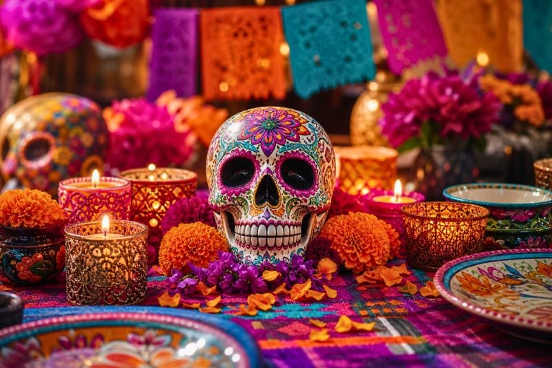 A colorful Day of the Dead celebration table with a decorated sugar skull, marigold flowers, candles, and festive paper decorations.