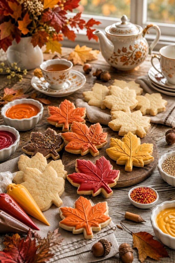 Maple leaf cookies, icing, and decorating supplies arranged on a table at an autumn tea party.