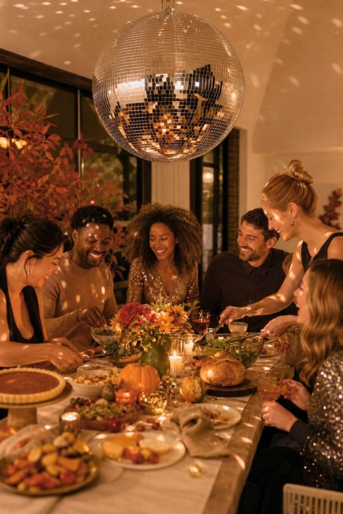 Friends gather around a festive dinner table beneath a sparkling disco ball.