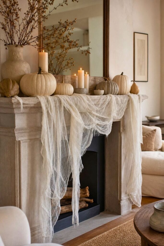 An ivory cheesecloth-draped fireplace mantel decorated with neutral pumpkins, gourds, dried branches, and candles.