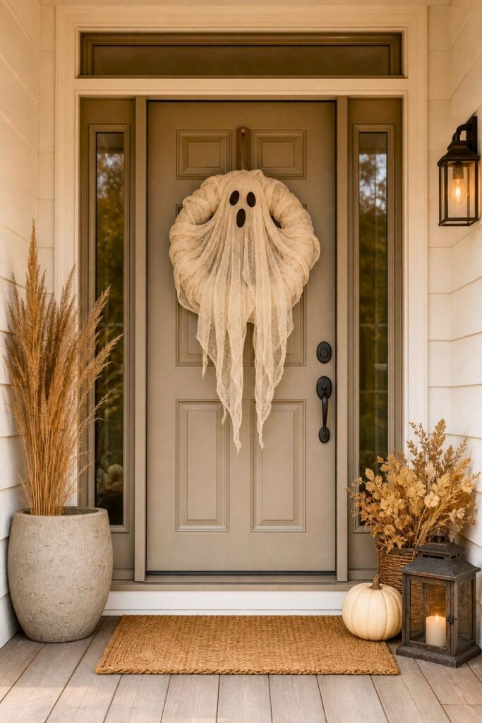 A beige ghost wreath decorates the front door of a neutral-toned home.