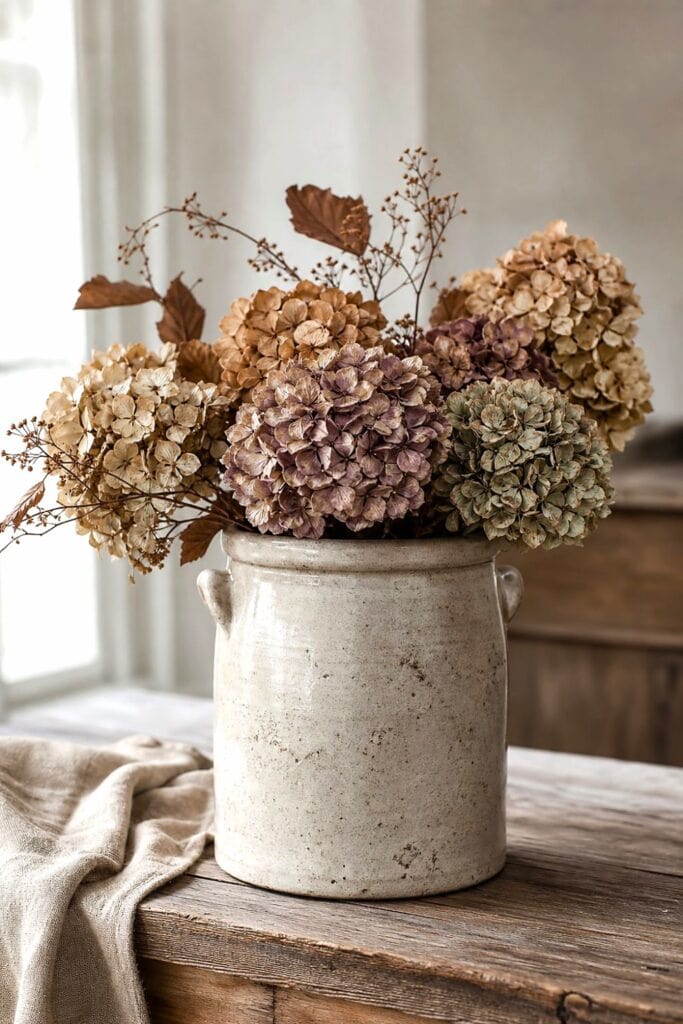 Dried hydrangeas arranged in a vintage stoneware crock on a wooden surface.