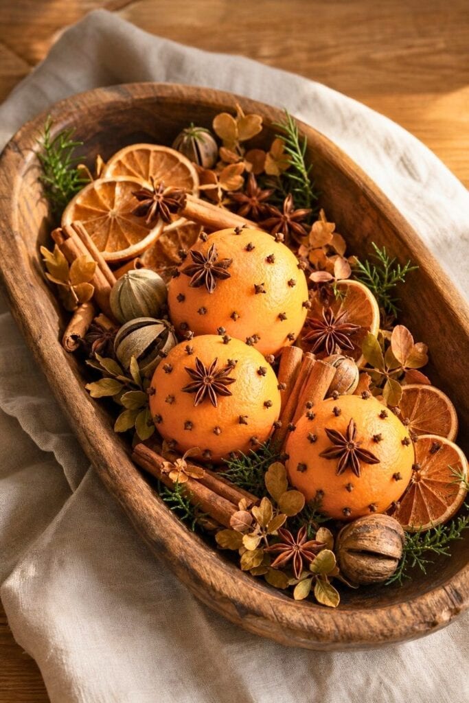A rustic wooden dough bowl filled with dried orange slices, star anise, cloves, and autumn accents.