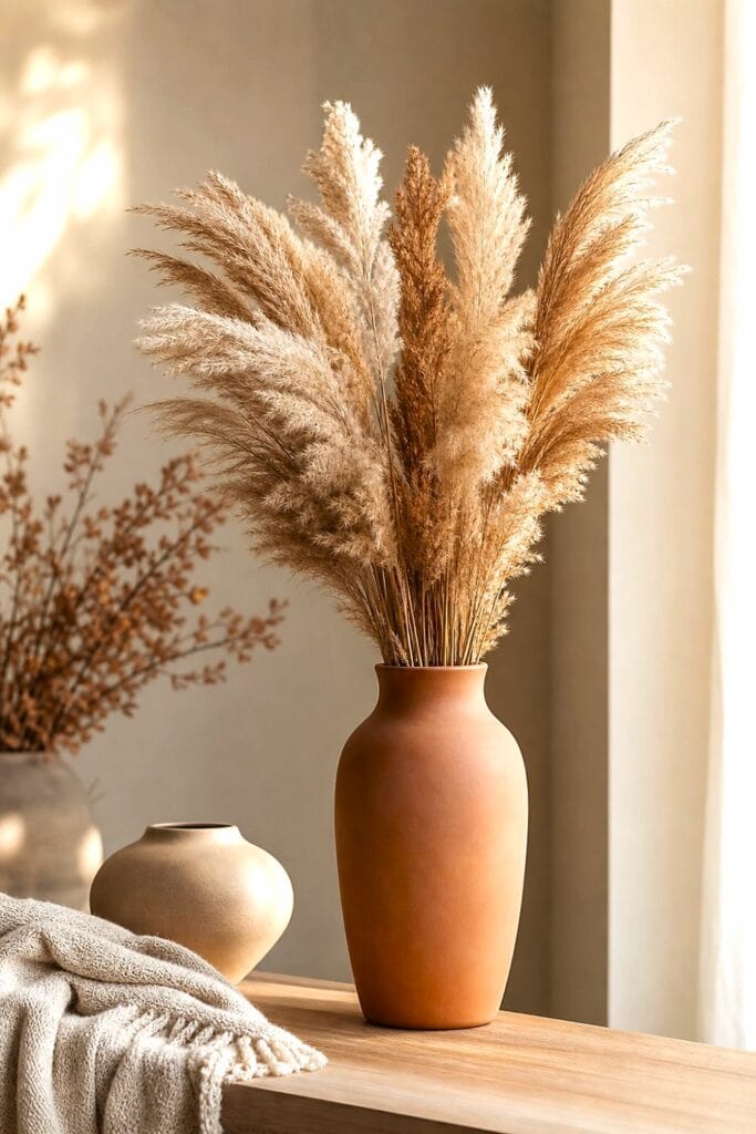 Dried pampas grass in a tall terracotta vase on a neutral-toned table.