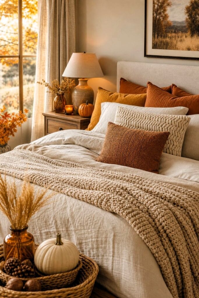 A warmly decorated bedroom with layered bedding, autumn-colored pillows, a knitted throw, and seasonal accents.