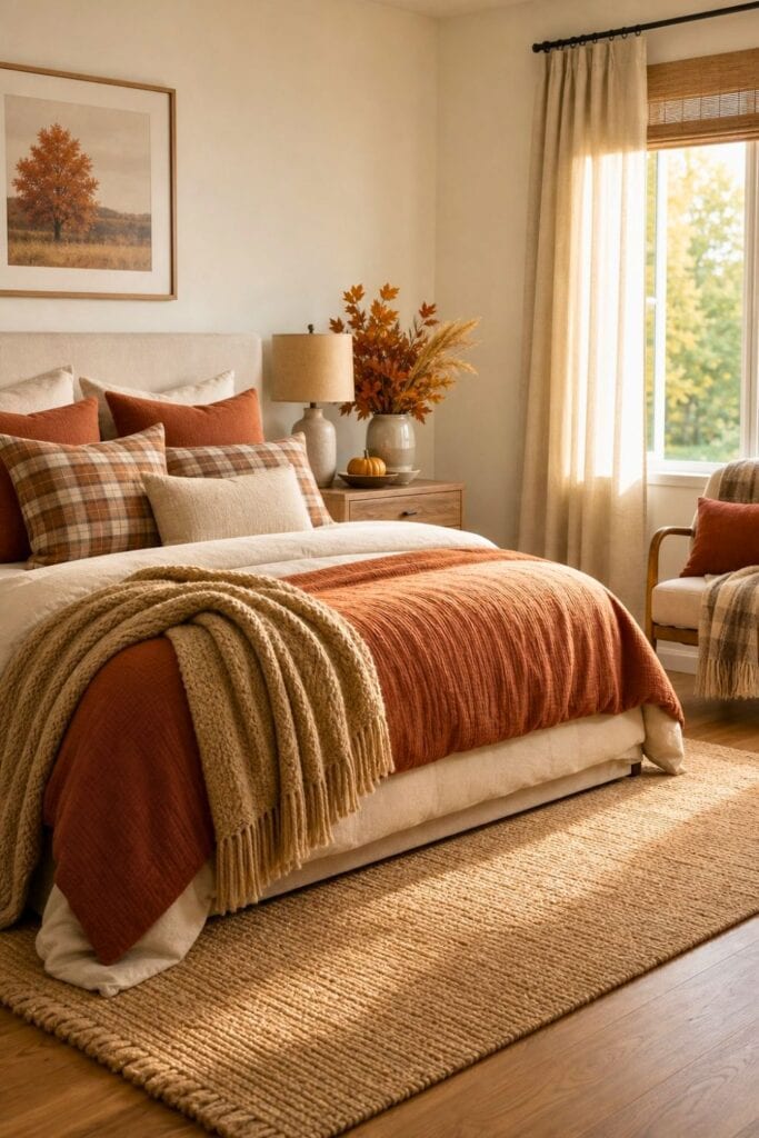 A cozy fall bedroom with layered autumn bedding, seasonal decorations, and a clear, organized floor.