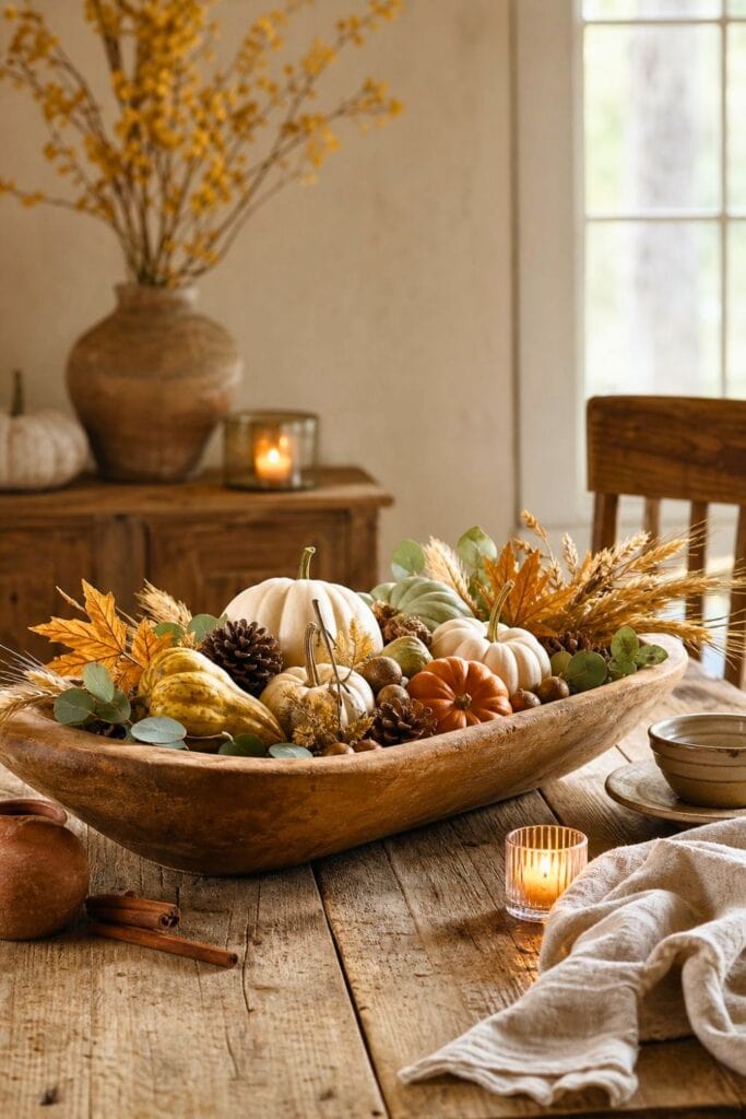 A wooden dough bowl filled with pumpkins, gourds, pinecones, dried wheat, and autumn foliage on a rustic table.