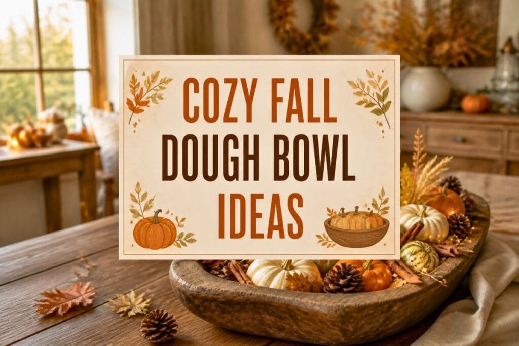 A rustic table with a styled autumn-decorated wooden dough bowl filled with pumpkins, gourds, pinecones, fairy lights, and seasonal accents.