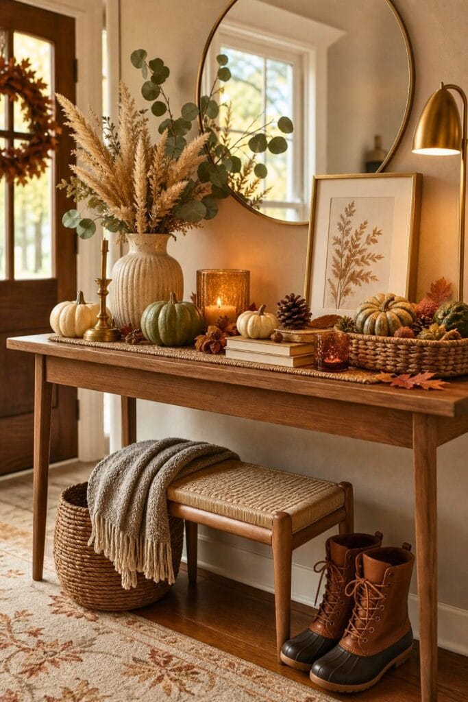 A warmly decorated fall entryway table with pumpkins, dried flowers, candles, and autumn accents.