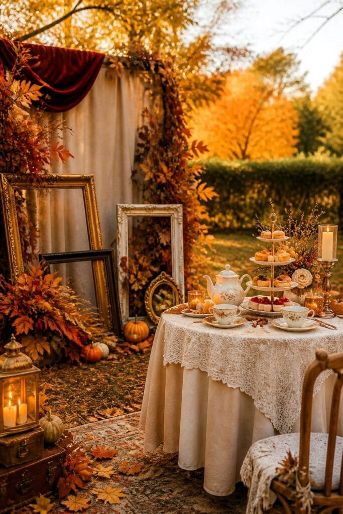 A fall foliage photo booth with vintage frames beside a styled tea table.