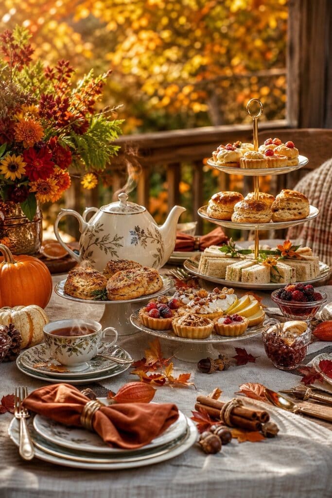 An elegant autumn tea table with teaware, pastries, sandwiches, seasonal foliage, pumpkins, and warm fall decorations.