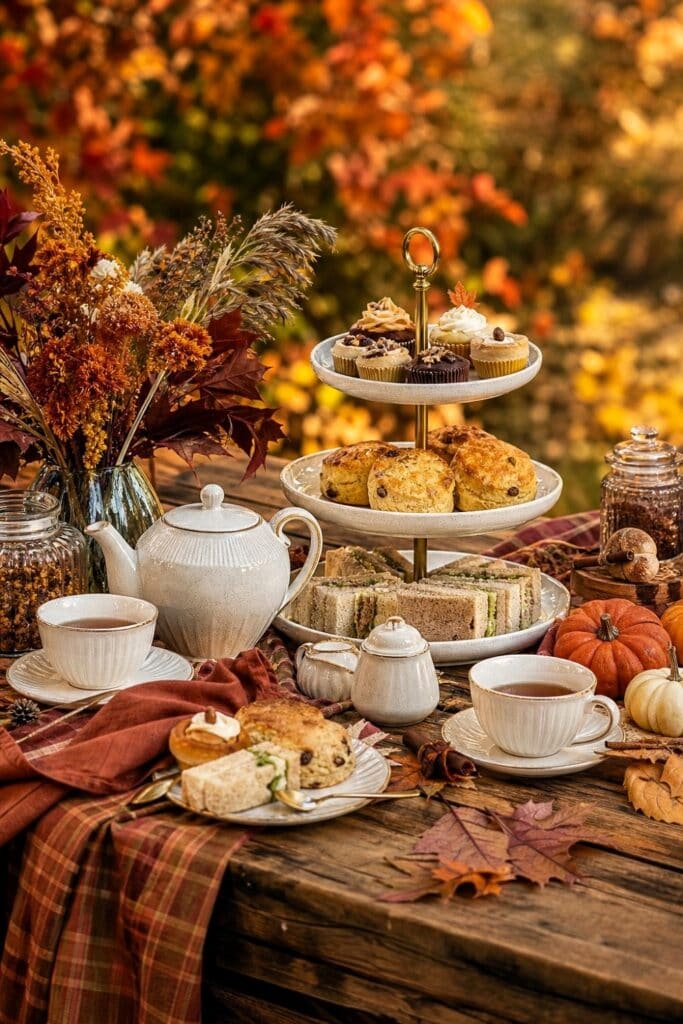 An elegant autumn tea party table with teacups, pastries, flowers, and seasonal decorations.