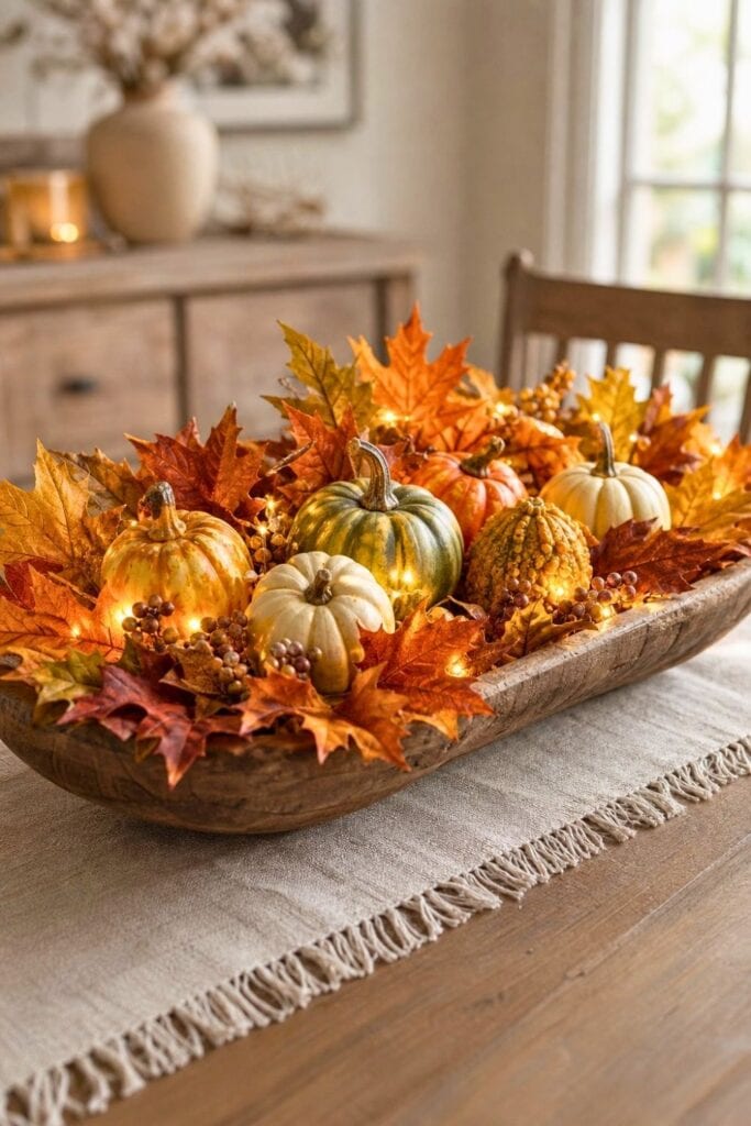 A rustic dough bowl filled with colorful maple leaves, mini gourds, and glowing fairy lights.