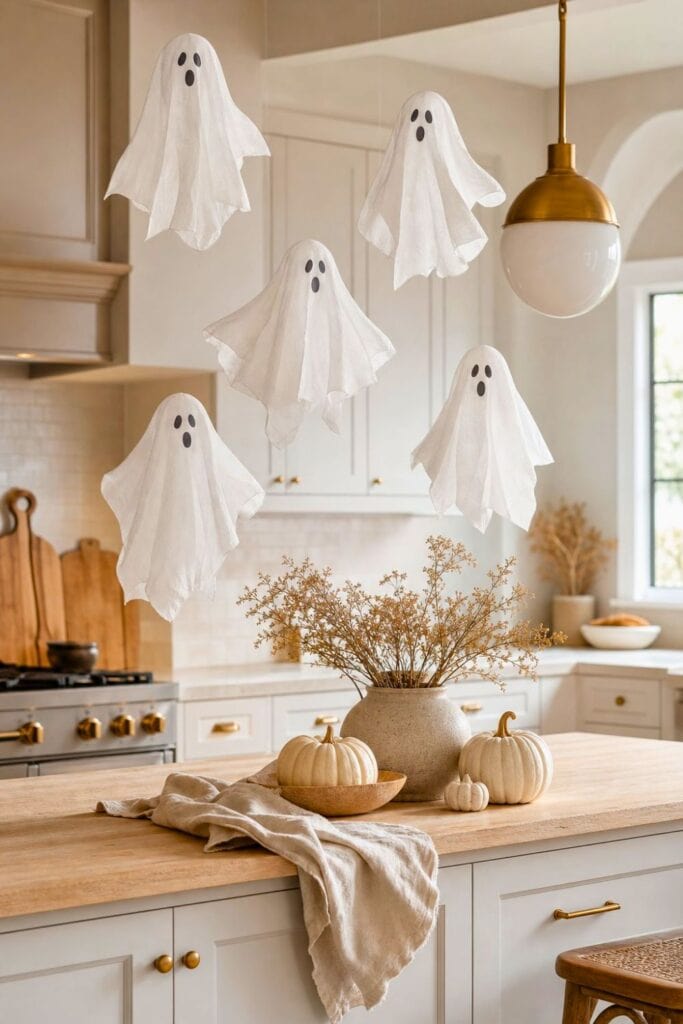 An entry table decorated with small white ghost figurines and neutral seasonal accents.