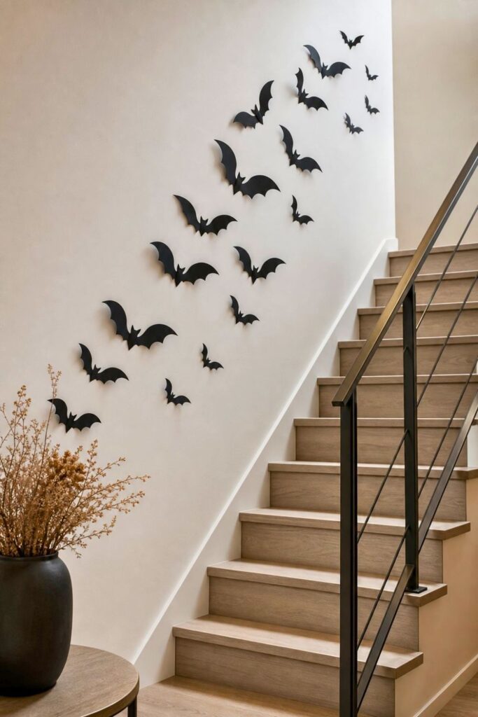 A staircase wall decorated with matte black paper bats flying upward.