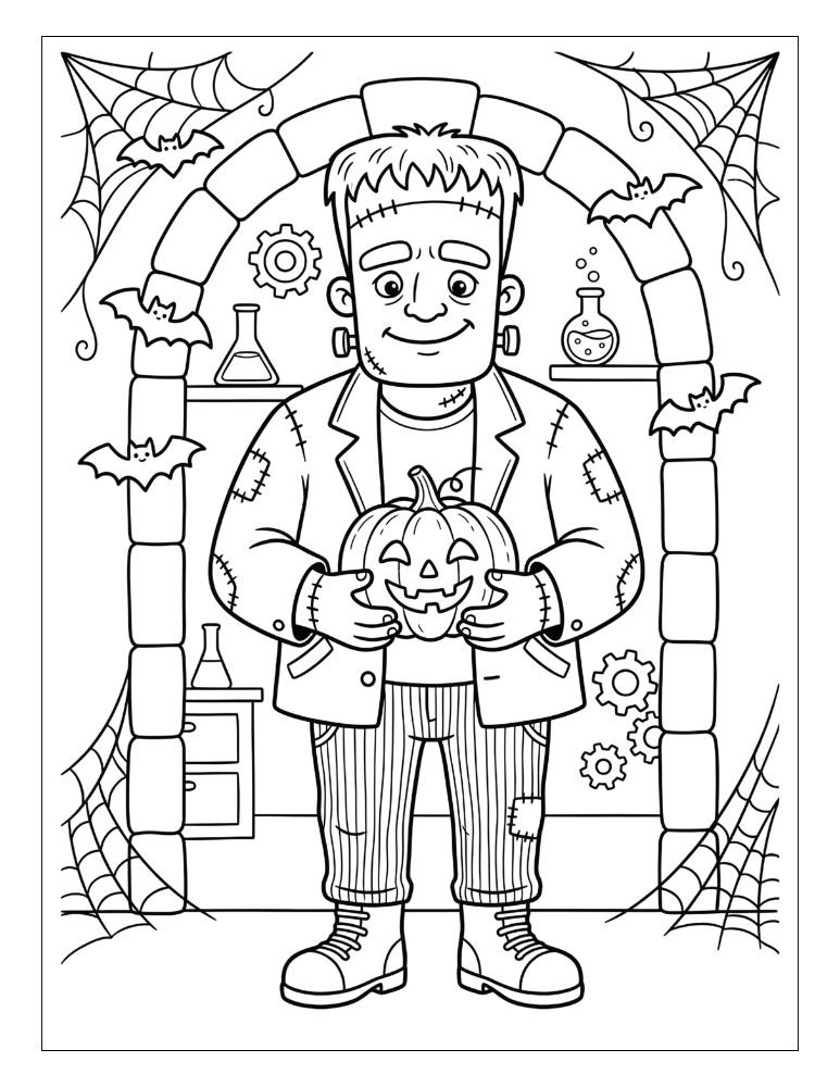 Friendly Frankenstein-inspired Halloween monster holding a jack-o'-lantern with a spooky laboratory doorway behind him, black and white coloring page