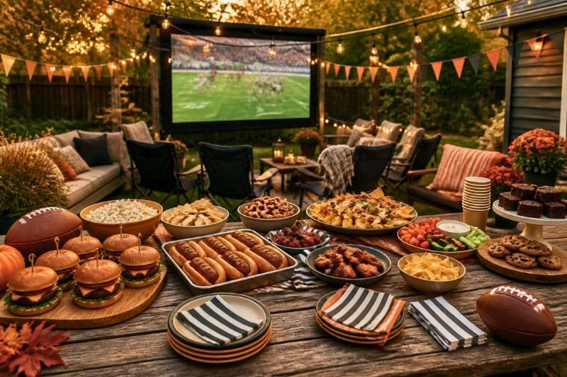 A backyard setup for a tailgate-style football party in October. Add a movie screen with a football game playing, a table with typical football food and snacks, and pennant banners and overhead fairy lights for decor.