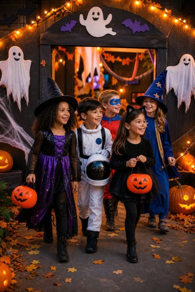Children in costumes happily explore a friendly, decorated haunted house at a Halloween party.