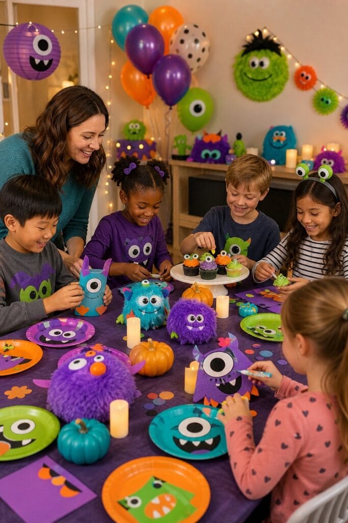 Children enjoy a cheerful Halloween party with friendly monster decorations, pumpkins, crafts, and cupcakes.