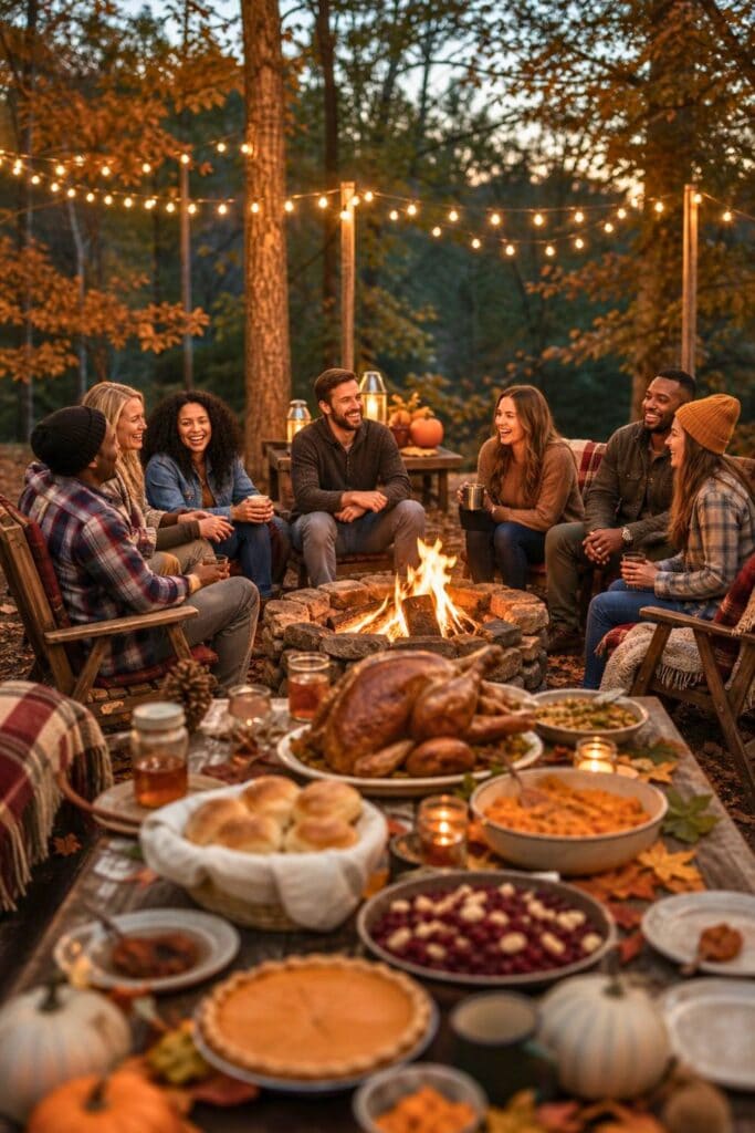 Friends gather around a campfire to share a festive autumn meal.