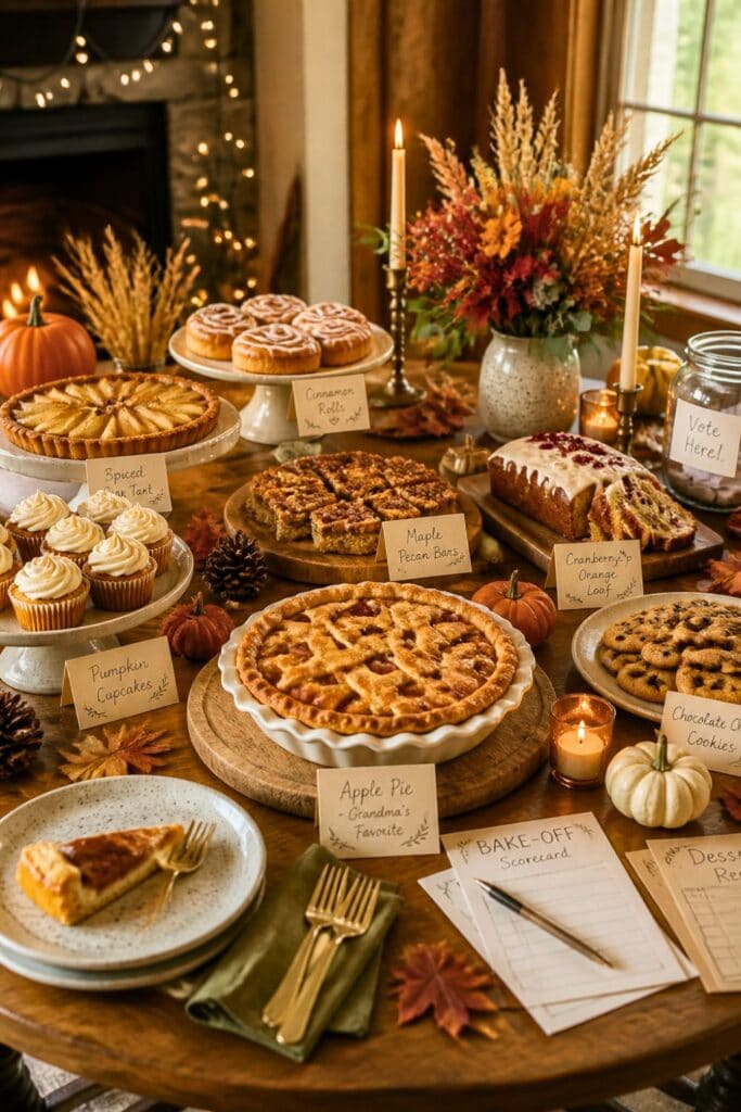 A table set up for a fall bakeoff-themed Friendsgiving party with an assortment of Fall desserts, a few Autumn decorations and ambient lighting.