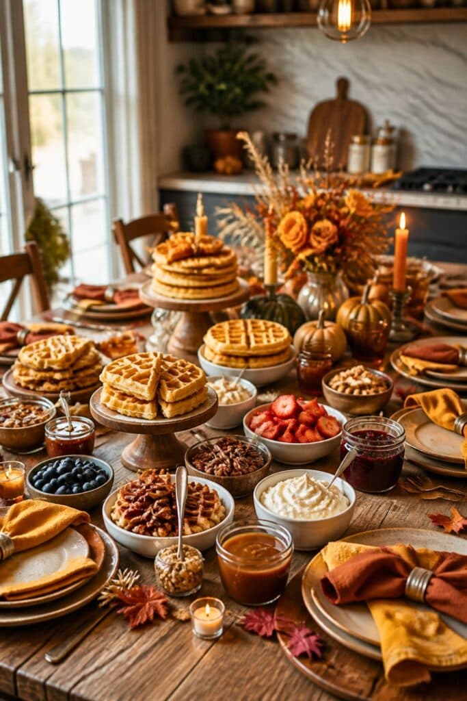 A table set up for a Friendsgiving Brunch With a Waffle Bar with an assortment of waffles, a few Autumn decorations and ambient lighting.