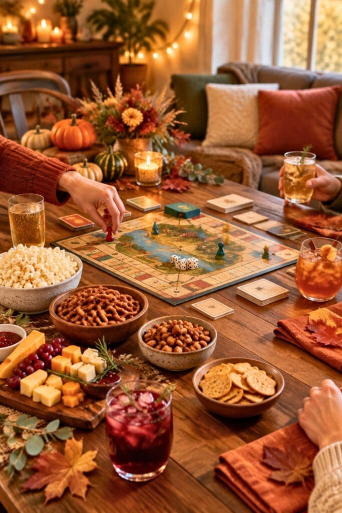 Friends gather around a decorated table for a festive game night with food and autumn decorations.
