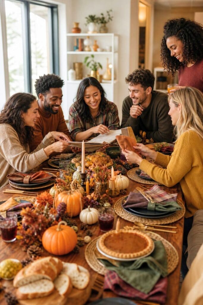 Friends gather around a decorated autumn table while planning a festive Friendsgiving celebration.