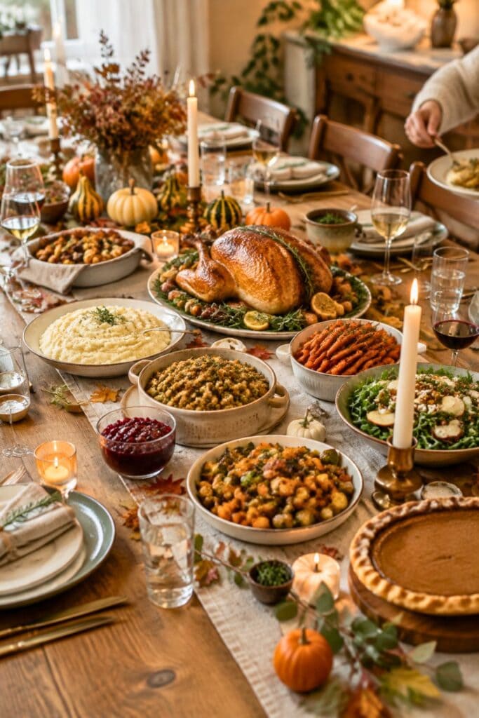 Cozy table set up with a variety of homemade dishes and minimal Autumn decorations for a Friendsgiving potluck.