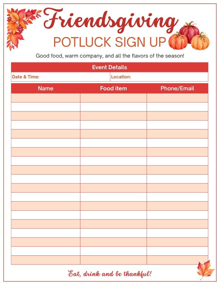 Friendsgiving Potluck Sign Up Sheet 1
